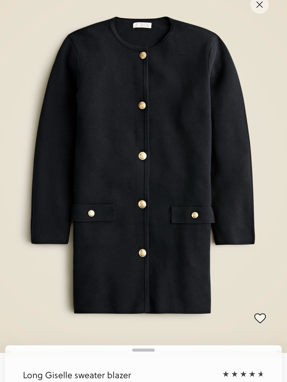J. Crew Black Long Collarless Sweater Blazer with Gold Buttons